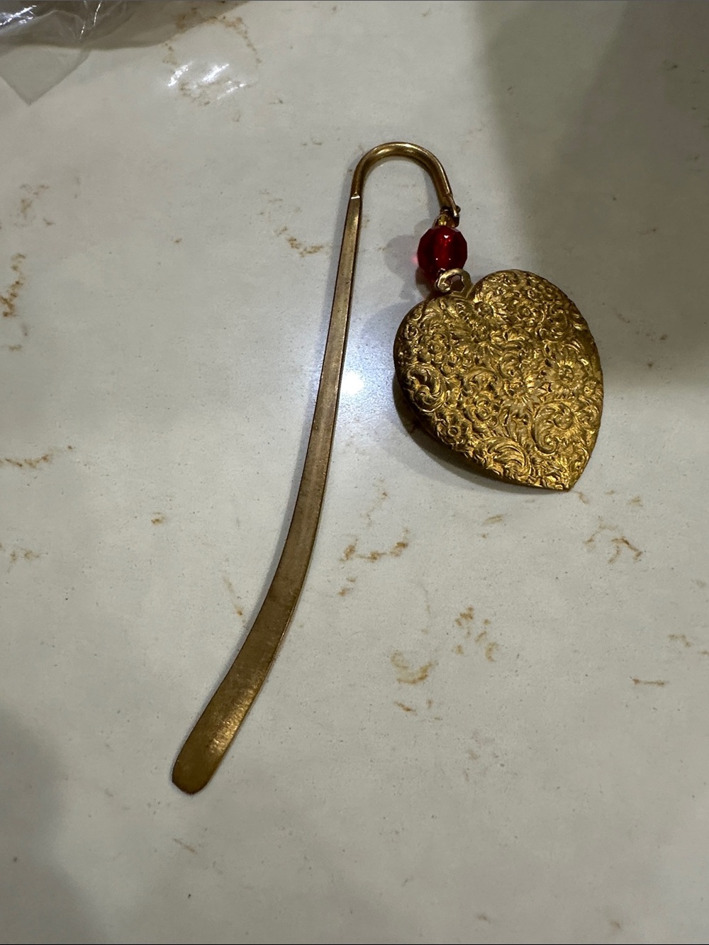 Gold Heart Bookmark Pendant with Red Bead